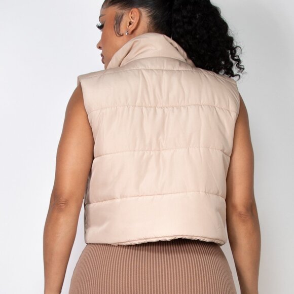 Women's Zip-Up Puffed Pocketed Crop Vest - Tan - Picture 5 of 5